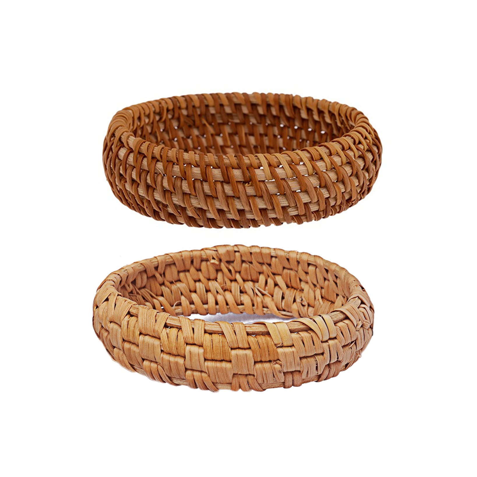 COLORFUL BLING 2Pcs Handwoven Wooden Braided Rattan Knit Cuff Bracelet Natural Bamboo Square Round Geometric Chunky Wrap Bangle for Women Ethnic Tribal Wrist Jewelry-A rattan