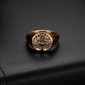 Rofusn Women Men's Hollow Tree of Life Ring, Stainless Steel Religious Vintage Life Tree Round Signet Band Rings for Wedding Band Anniversary