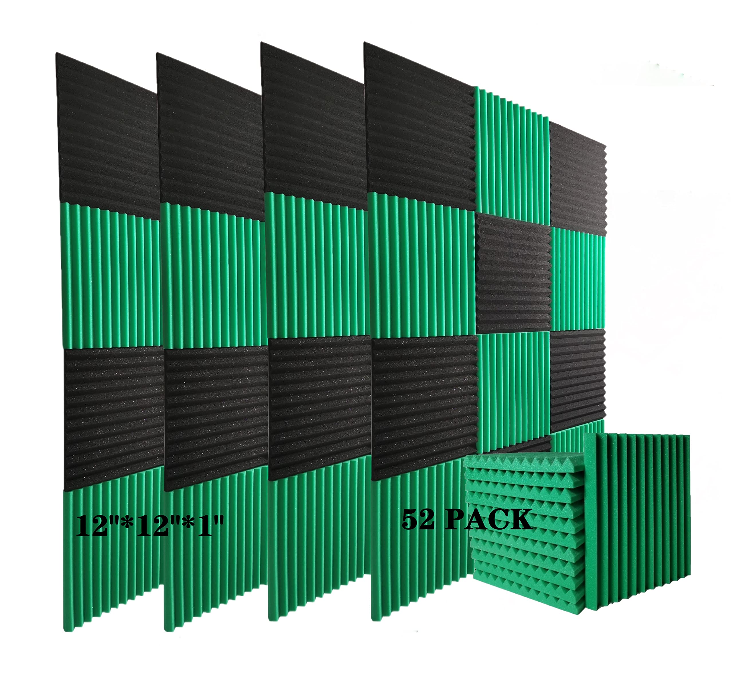 Frcevzoie 52 PACK Acoustic Foam Panels 12”×12”×1” Indoor Sound Insulation Board, Suitable for Sound Training Room, Anchor Room, Movie Theater and All Acoustic Improvement (Black/Green)