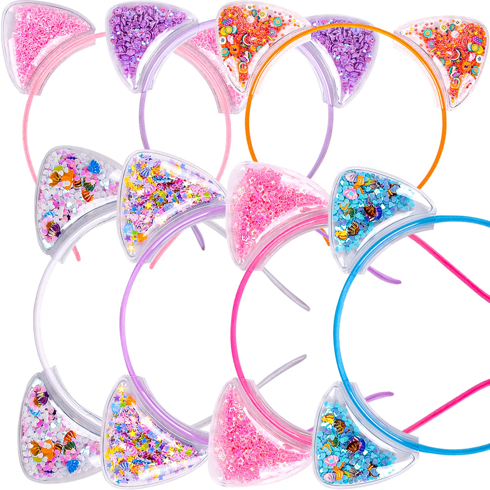 Fishdown Cute Cat Ears Headbands Set for Girls Plastic Headbands for Non-slip Transparent Cat Ears Headbands Quicksand(7pcs Per Pack Each Color 1pcs)