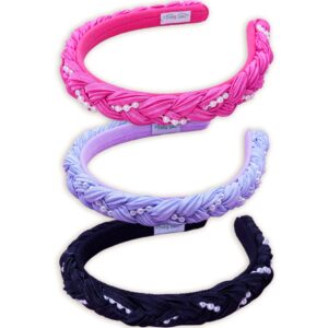 FROG SAC 3 Pearl Headbands for Girls, Satin Braided Head Bands for Kids, Cute Fashion Girl Braid Hair Accessories, Hard Headband Pack for Children, Black Purple Pink Hairbands with Pearls