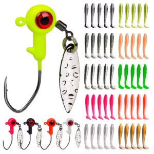 Soft Lure Jig Heads Kit - Swimbait Paddle Tail Soft Plastic Shad Lure Crappie Jigs Heads Fishing Jigs with Willow Blade for Freshwater Saltwater Bass Fishing - 1/10oz 25pcs Jig + 50pcs Soft Baits Set