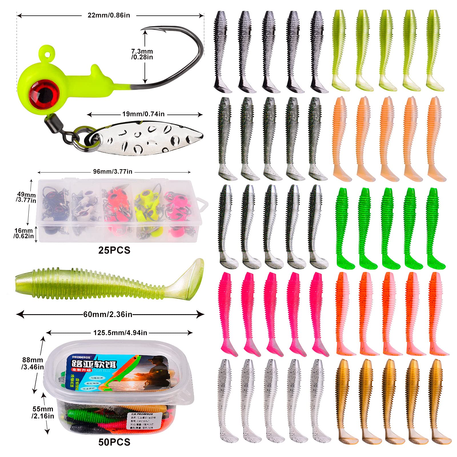 Soft Lure Jig Heads Kit - Swimbait Paddle Tail Soft Plastic Shad Lure Crappie Jigs Heads Fishing Jigs with Willow Blade for Freshwater Saltwater Bass Fishing - 1/10oz 25pcs Jig + 50pcs Soft Baits Set