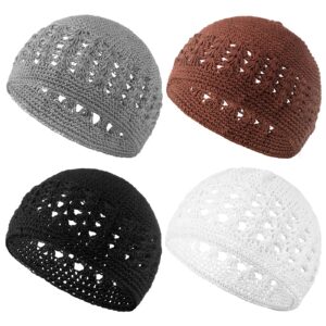 kufi hat for men knit kufi cap crochet beanie kufi hat skull cap for men women (black, white, gray, brown, 4 pieces)