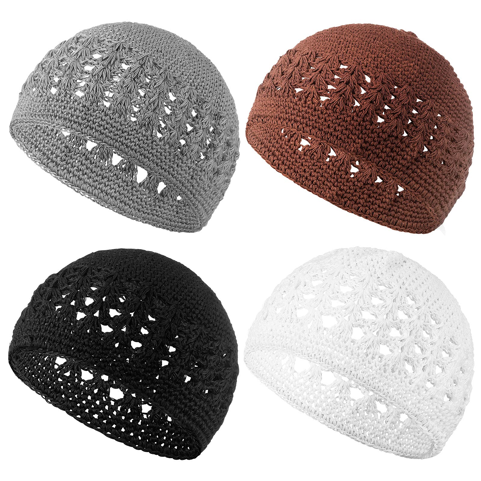 Kufi Hat for Men Knit Kufi Cap Crochet Beanie Kufi Hat Skull Cap for Men Women (Black, White, Gray, Brown, 4 Pieces)