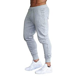 BUXKR Men's Slim Joggers Workout Pants for Gym Running and Bodybuilding Athletic Bottom Sweatpants with Deep Pockets,Light Grey,L