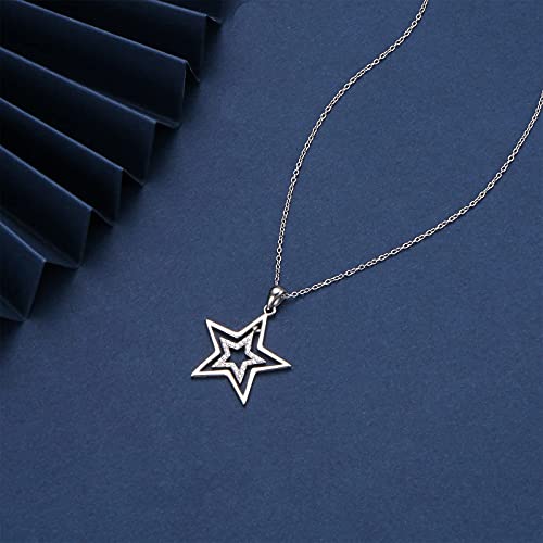 Alphm S925 Sterling Silver Double Stars Necklace Pentagram Pendant Jewelry for Women