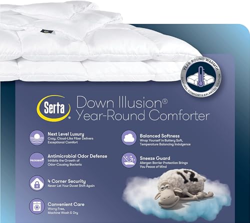 SERTA Down Illusion All Season Hypoallergenic Down Alternative Comforter with Corner Loops, Twin/Twin XL, White