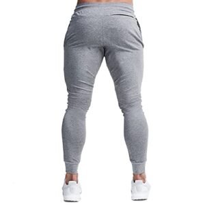 BUXKR Men's Slim Joggers Workout Pants for Gym Running and Bodybuilding Athletic Bottom Sweatpants with Deep Pockets,Light Grey,L