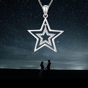 Alphm S925 Sterling Silver Double Stars Necklace Pentagram Pendant Jewelry for Women