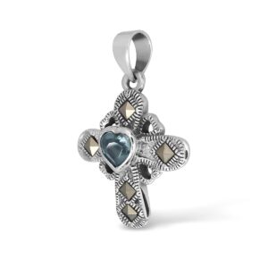 WithLoveSilver Sterling Silver 925 Celtic Cross with 5mm Heart CZ and Square Marcasites Pendant (Aqua Glass)