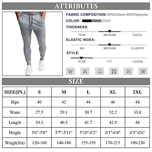 BUXKR Men's Slim Joggers Workout Pants for Gym Running and Bodybuilding Athletic Bottom Sweatpants with Deep Pockets,Light Grey,L