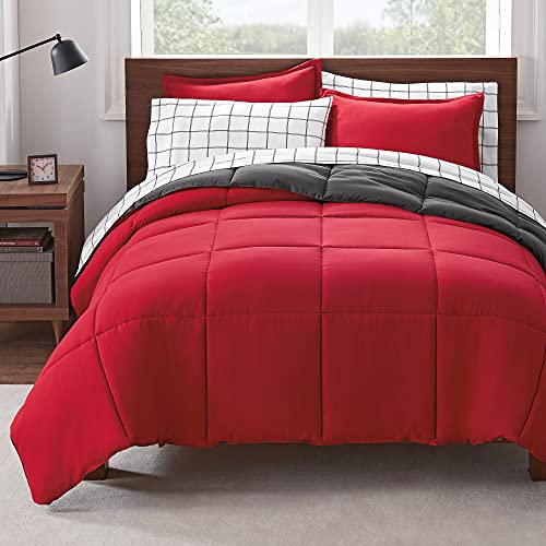 Serta Simply Clean Complete 7 Piece Hypoallergenic Reversible Bed in a Bag with Sheets and Pillow Cases for All Season, Queen, Red/Grey