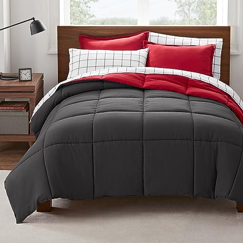 Serta Simply Clean Complete 7 Piece Hypoallergenic Reversible Bed in a Bag with Sheets and Pillow Cases for All Season, Queen, Red/Grey