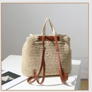 Erichman Women Fashion Straw Handmade Crochet Backpack Flap Drawstring Shoulders Bag Casual Beach Daypack (Brown,One Size)