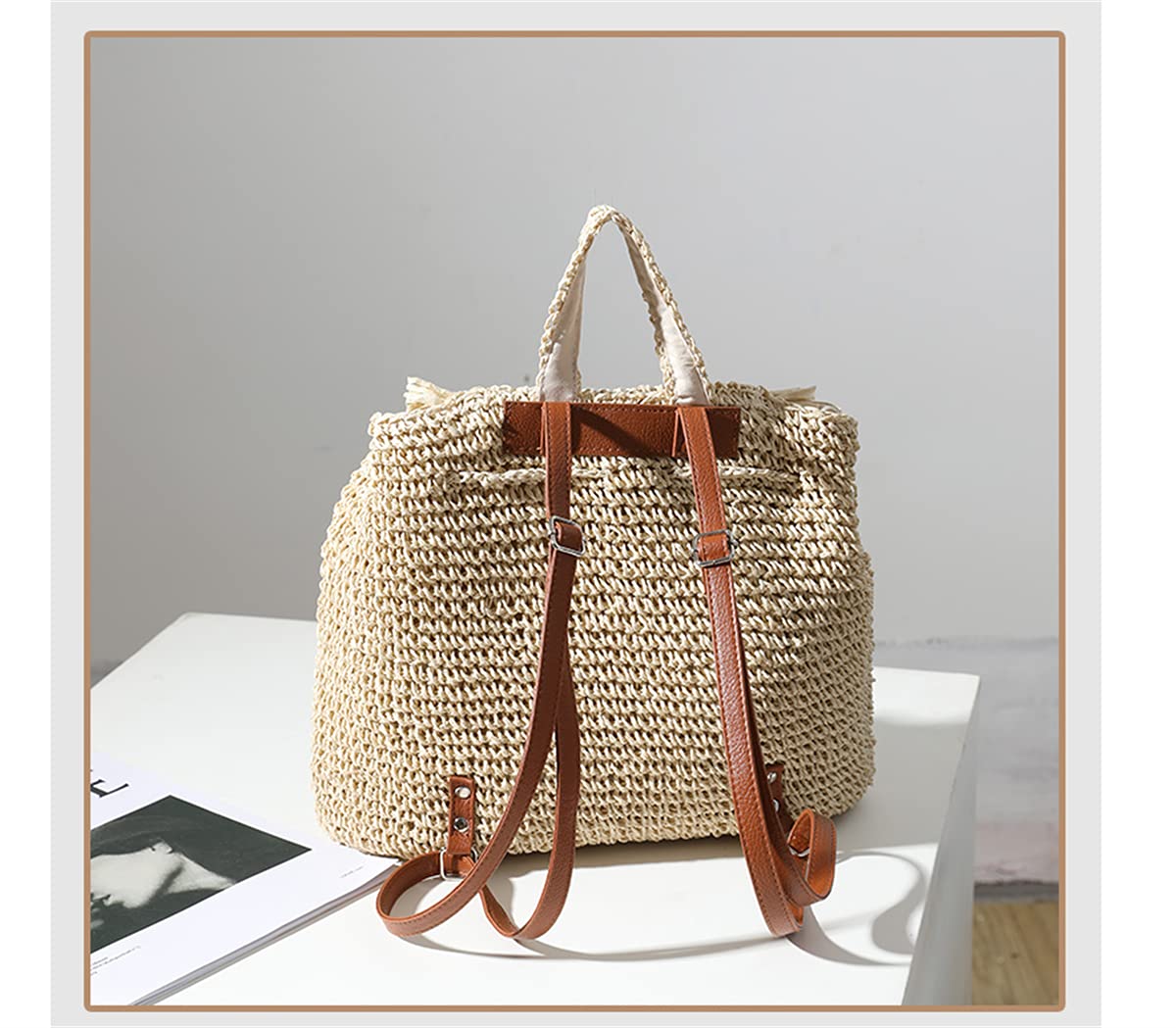 Erichman Women Fashion Straw Handmade Crochet Backpack Flap Drawstring Shoulders Bag Casual Beach Daypack (Brown,One Size)