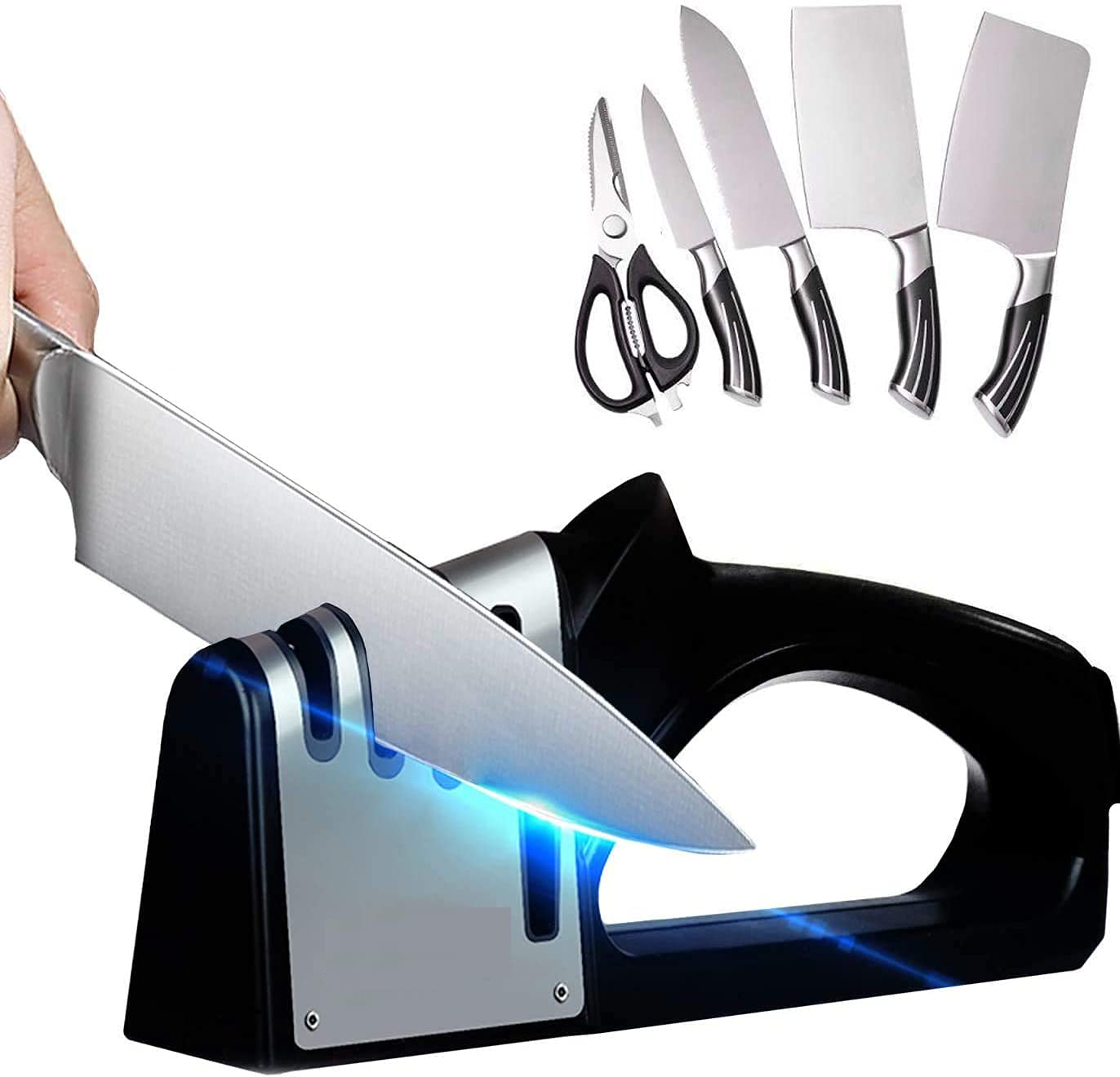 Premium Knife Sharpener，4 Stage Knife and Scissors Sharpeners Really Works for Ceramic and Steel Knives,Grind＆Polish Blade,Easily Restores Dull to Sharp Black