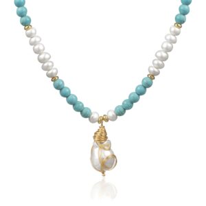 Cowlyn Baroque Pearl Pendant Necklace Turquoise Chain 18K Gold Plated Wire Winding Handmade Bohemian Style Adjustable Charm Fashion Valentine Jewelry for Women Mom