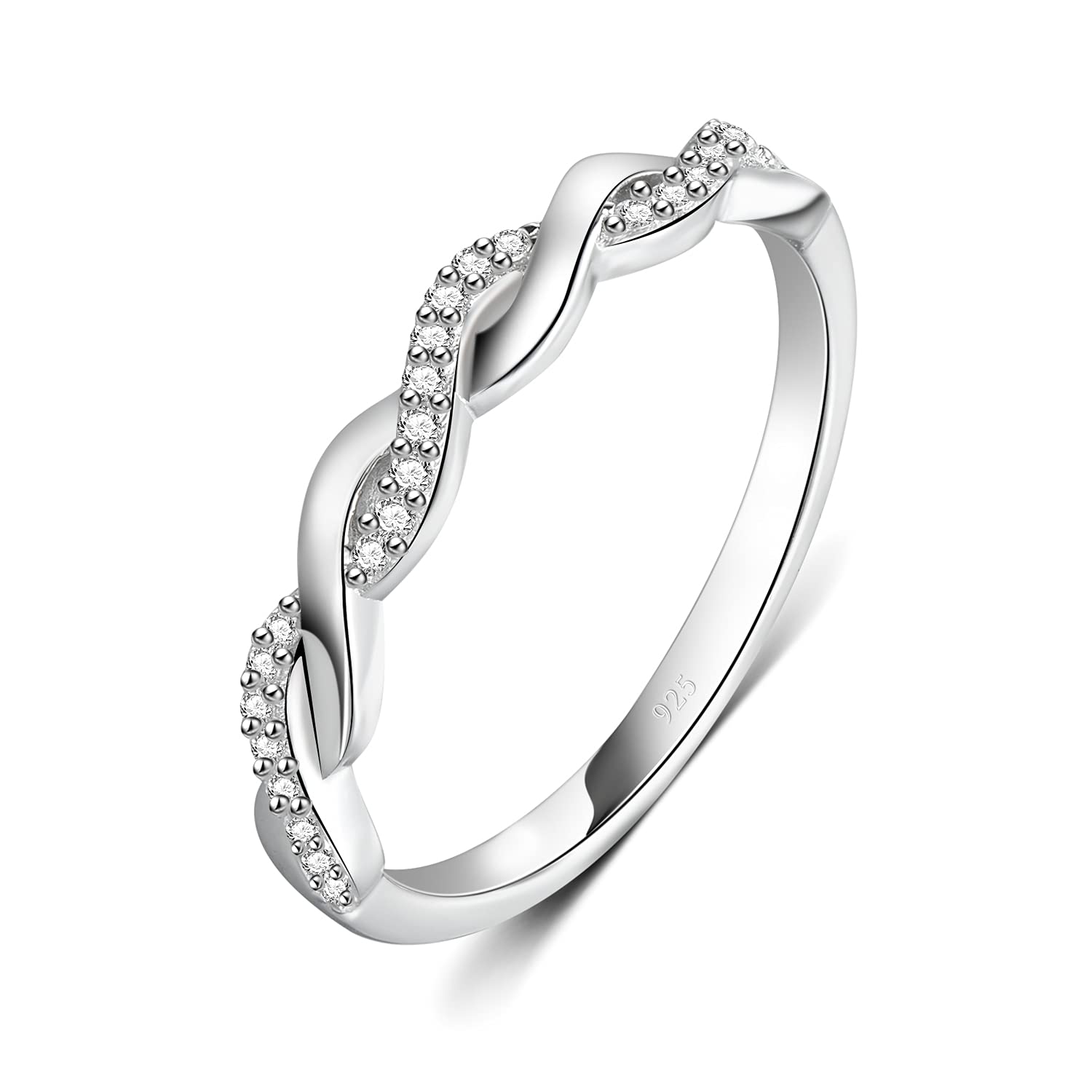 BORUO 925 Sterling Silver Ring, Twisted Infinity Celtic Knot Cubic Zirconia CZ Wedding Band Stackable Ring Size 7