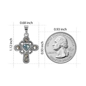 WithLoveSilver Sterling Silver 925 Celtic Cross with 5mm Heart CZ and Square Marcasites Pendant (Aqua Glass)