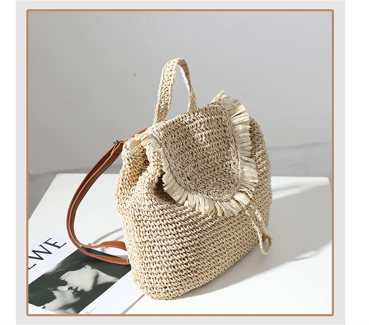 Erichman Women Fashion Straw Handmade Crochet Backpack Flap Drawstring Shoulders Bag Casual Beach Daypack (Brown,One Size)