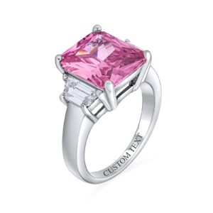 Art Deco Style .925 Sterling Silver 8CTW Pink AAA CZ Rectangle Emerald Cut Cocktail Statement Engagement Ring For Women Cubic Zirconia Baguette Side Stones