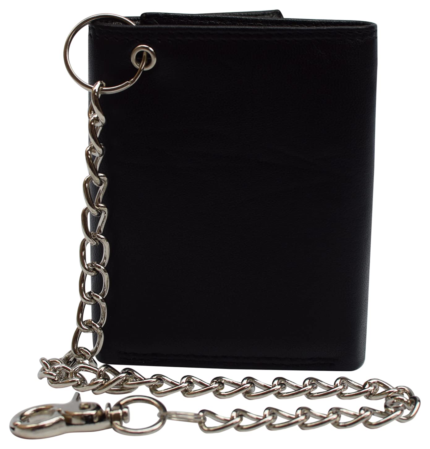 Men's RFID Blocking Premium Leather Chain Trifold Wallet (Black with Chain)