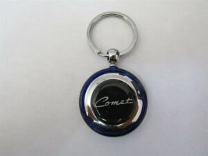 comet script round plastic keychain - blue