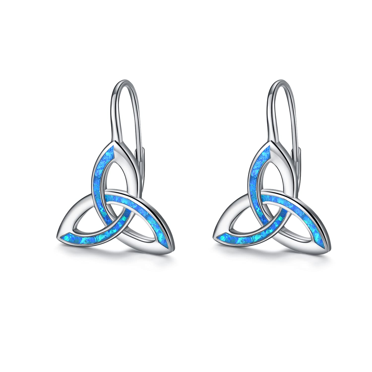 Celtic Trinity Hoop Earrings Sterling Silver Blue Opal Earrings Irish Celtic Jewelry Earrings Opal Leverback Earrings Gifts for Women