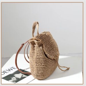 Erichman Women Fashion Straw Handmade Crochet Backpack Flap Drawstring Shoulders Bag Casual Beach Daypack (Brown,One Size)