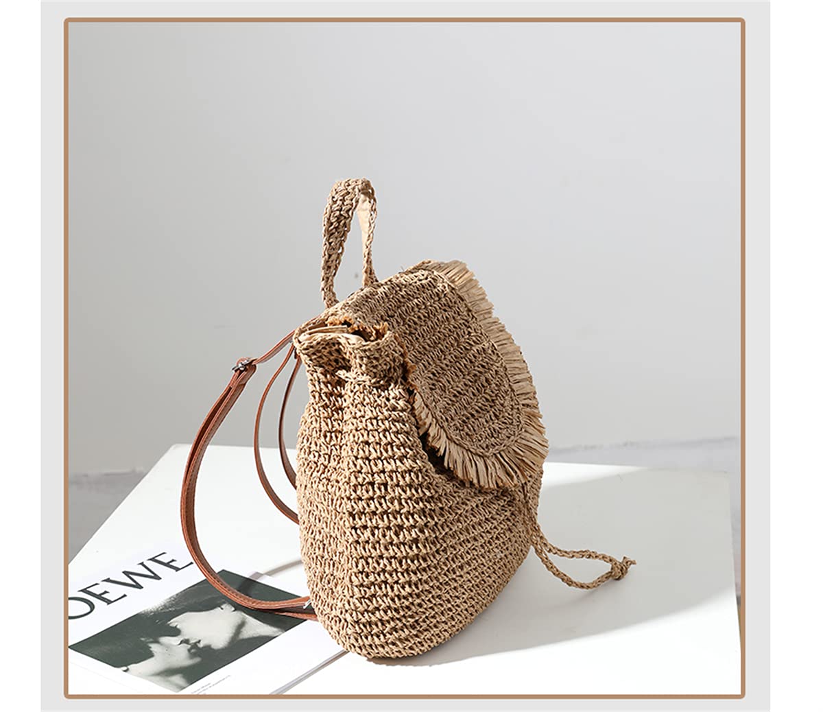 Erichman Women Fashion Straw Handmade Crochet Backpack Flap Drawstring Shoulders Bag Casual Beach Daypack (Brown,One Size)