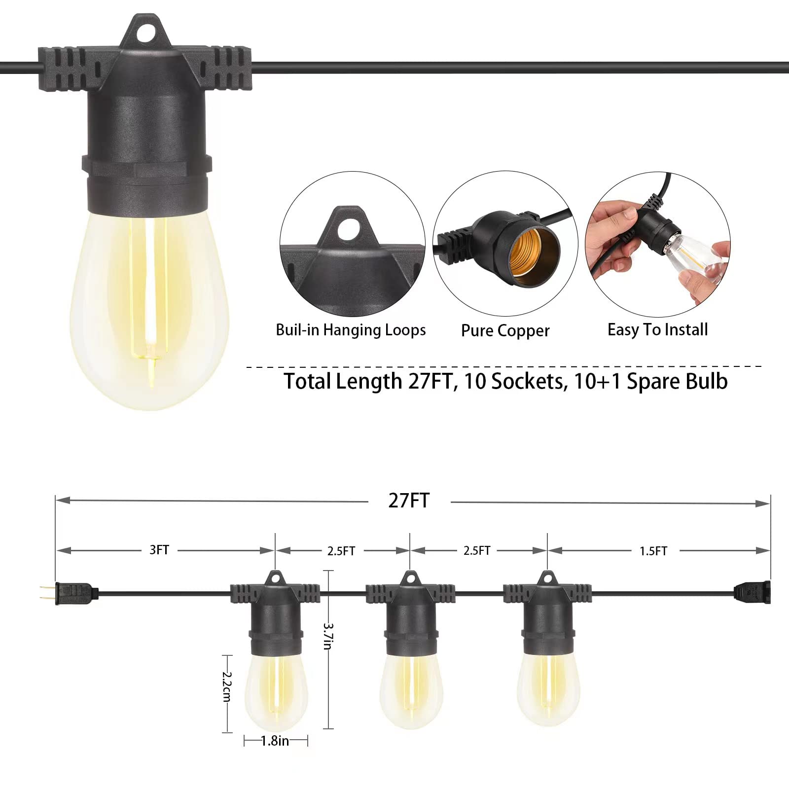 alitade S14 LED Outdoor String Lights, Shatterproof IP65 27Ft (Maximum 918Ft) for Patio Lights Outdoor Waterproof, Outside Lights for Outdoor Lighting, Edison Vintage Backyard lights