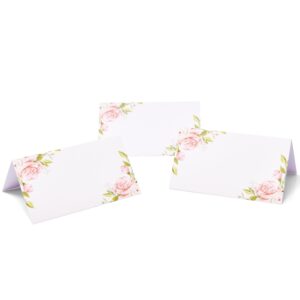 100 Floral Place Cards Pink Paper Peony Flower Wedding Seating Name Card Table Setting Folded Tent Cards for Baby Shower Dinner Weddings Reception Tables Placement Party Decorations 2 x 3.5 Inch