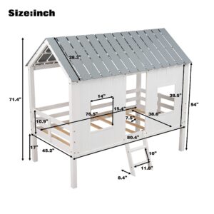 SOFTSEA Low House Loft Bed of Kids Bedroom, Wood Low Loft Bed with Windows and Roof, Wood Slats and No Box Spring Needed