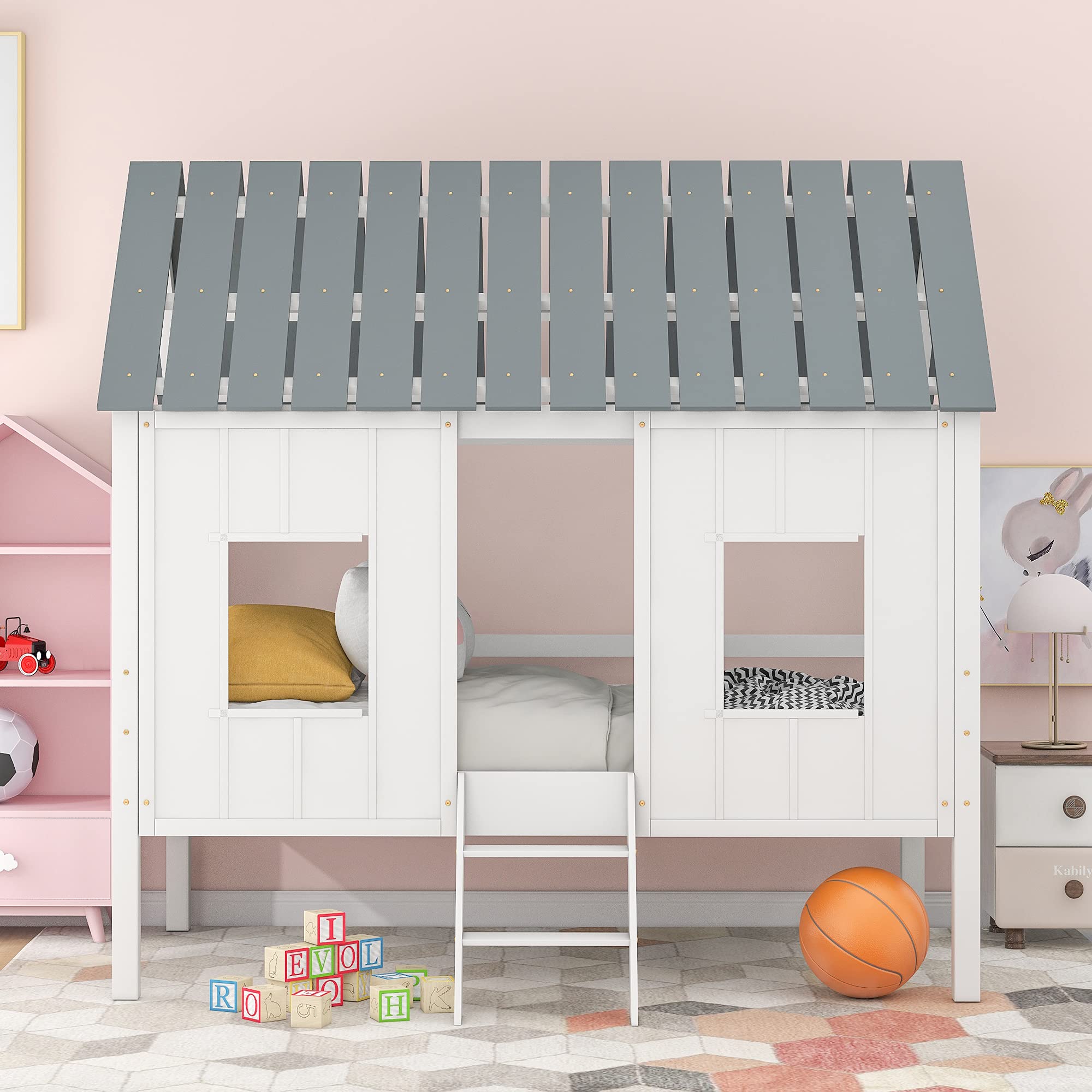 SOFTSEA Low House Loft Bed of Kids Bedroom, Wood Low Loft Bed with Windows and Roof, Wood Slats and No Box Spring Needed