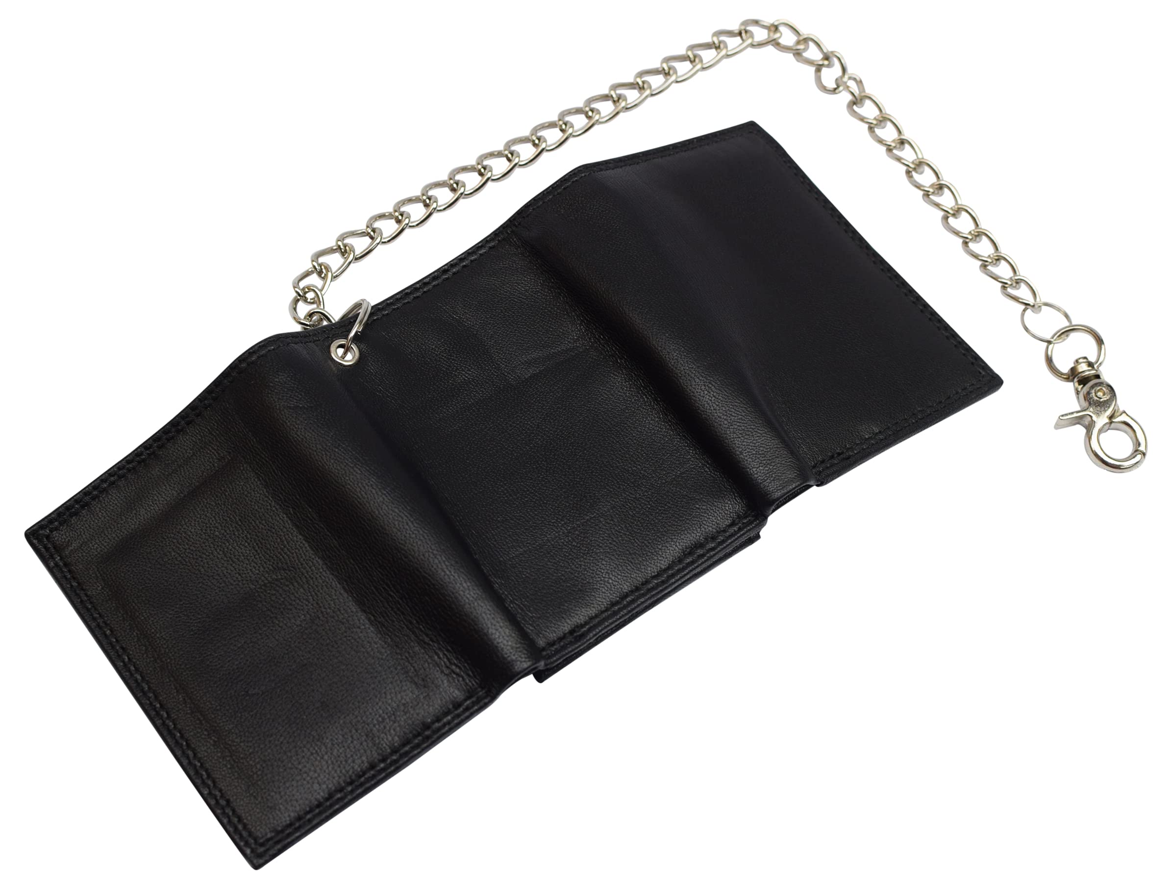 Men's RFID Blocking Premium Leather Chain Trifold Wallet (Black with Chain)