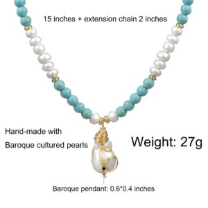 Cowlyn Baroque Pearl Pendant Necklace Turquoise Chain 18K Gold Plated Wire Winding Handmade Bohemian Style Adjustable Charm Fashion Valentine Jewelry for Women Mom