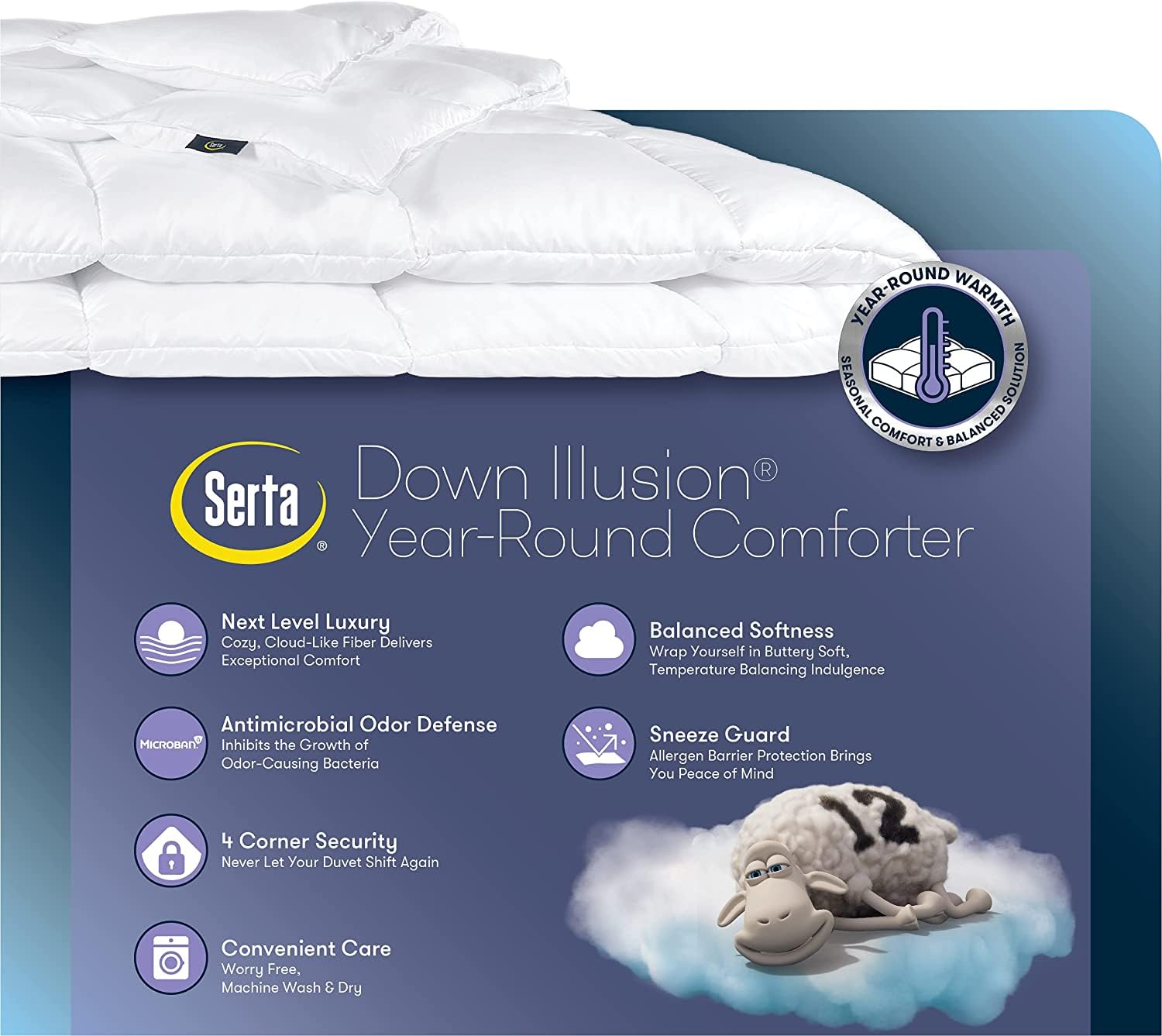 SERTA Down Illusion All Season Hypoallergenic Down Alternative Comforter with Corner Loops, Full/Queen, White