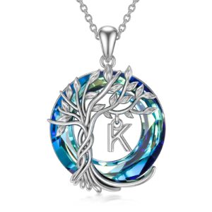 TOUPOP Necklace for Women Tree of Life Initial Necklace 925 Sterling Silver Initial K Letter Pendant Blue Circle Crystal Jewelry Anniversary Birthday Christmas Gifts for Women Wife Mom