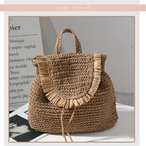 Erichman Women Fashion Straw Handmade Crochet Backpack Flap Drawstring Shoulders Bag Casual Beach Daypack (Brown,One Size)