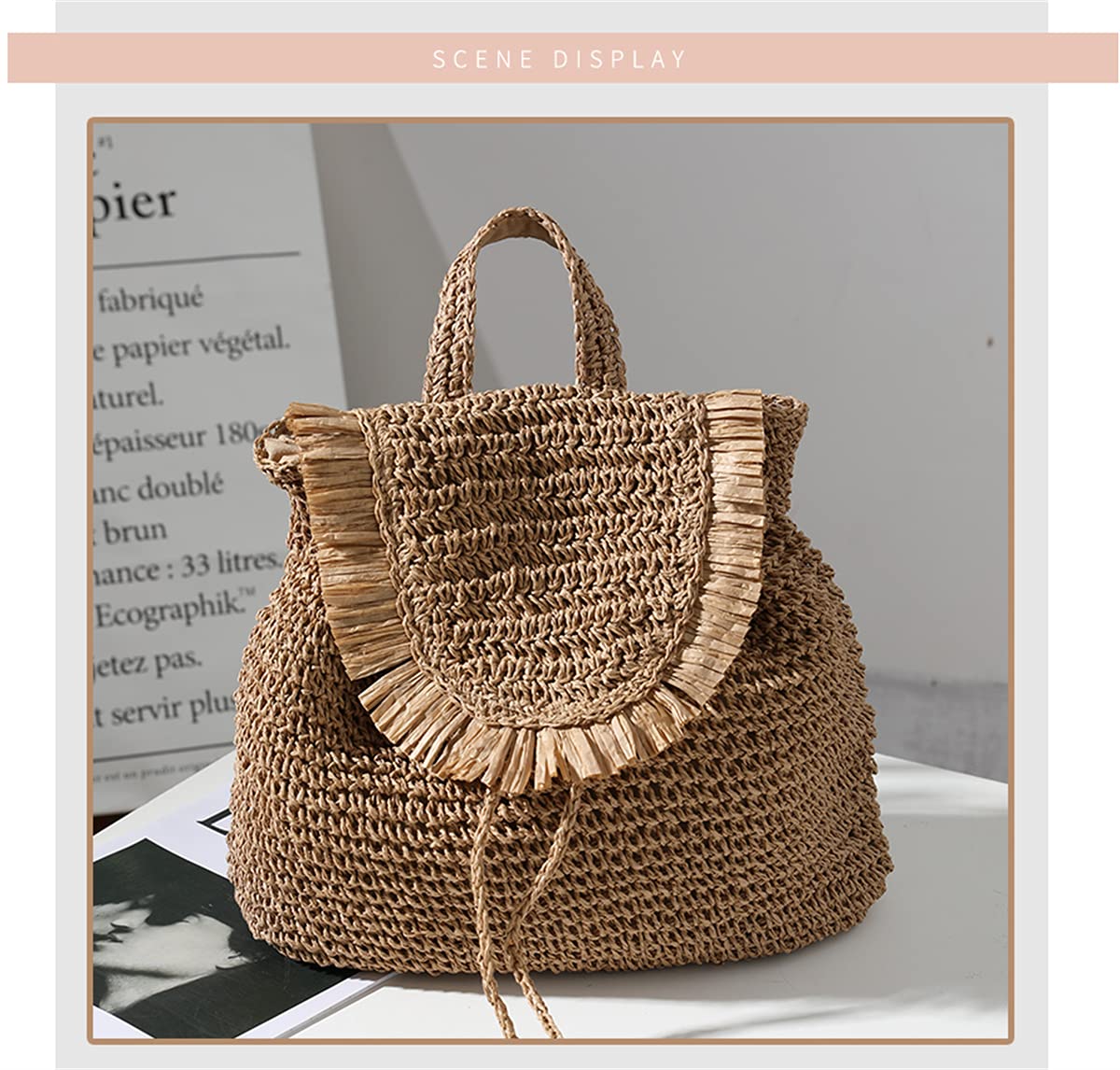 Erichman Women Fashion Straw Handmade Crochet Backpack Flap Drawstring Shoulders Bag Casual Beach Daypack (Brown,One Size)