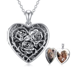 Dorunmo Rose Heart Locket Necklace that Hold 2 Photos 925 Sterling Silver Personalized Customized Rose Picture Locket Pendant Heart Locket Necklace for Women Mom