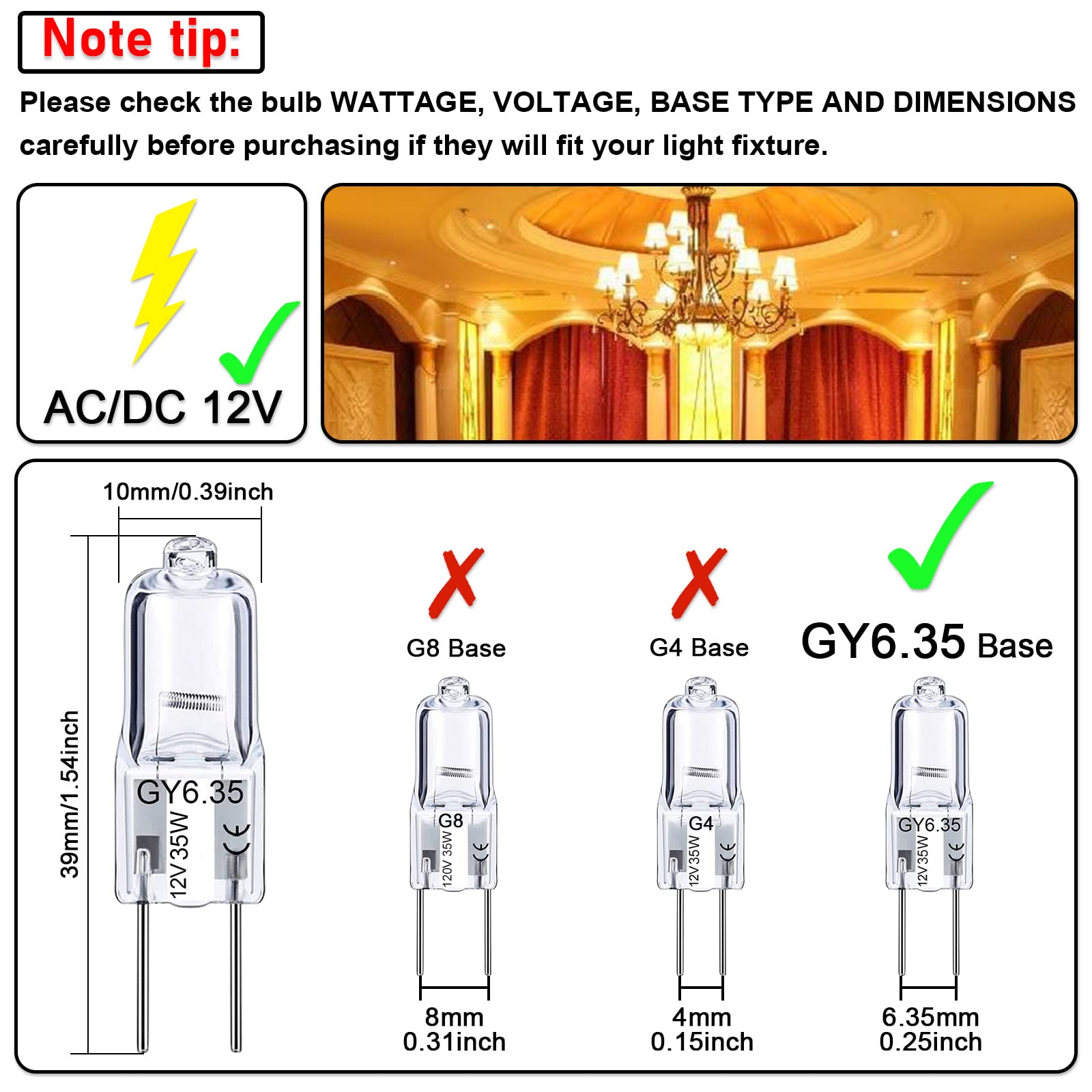 GY6.35 Halogen Light Bulbs 12 Volt 35 Watt, 12 Pack 2 Pin GY6.35 Base Bulb, Replacement T4 Tubular JCD Type Bulb for Ceiling Lights, Table Lamp, Chandelier, 2700K Warm White, Dimmable