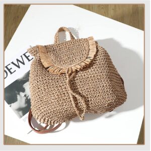 Erichman Women Fashion Straw Handmade Crochet Backpack Flap Drawstring Shoulders Bag Casual Beach Daypack (Brown,One Size)