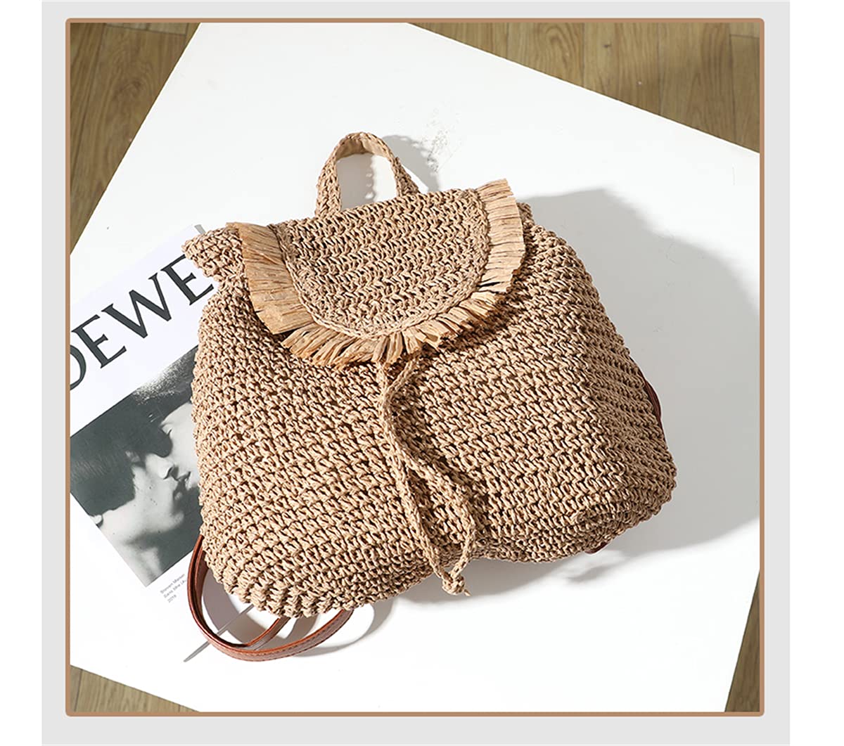 Erichman Women Fashion Straw Handmade Crochet Backpack Flap Drawstring Shoulders Bag Casual Beach Daypack (Brown,One Size)