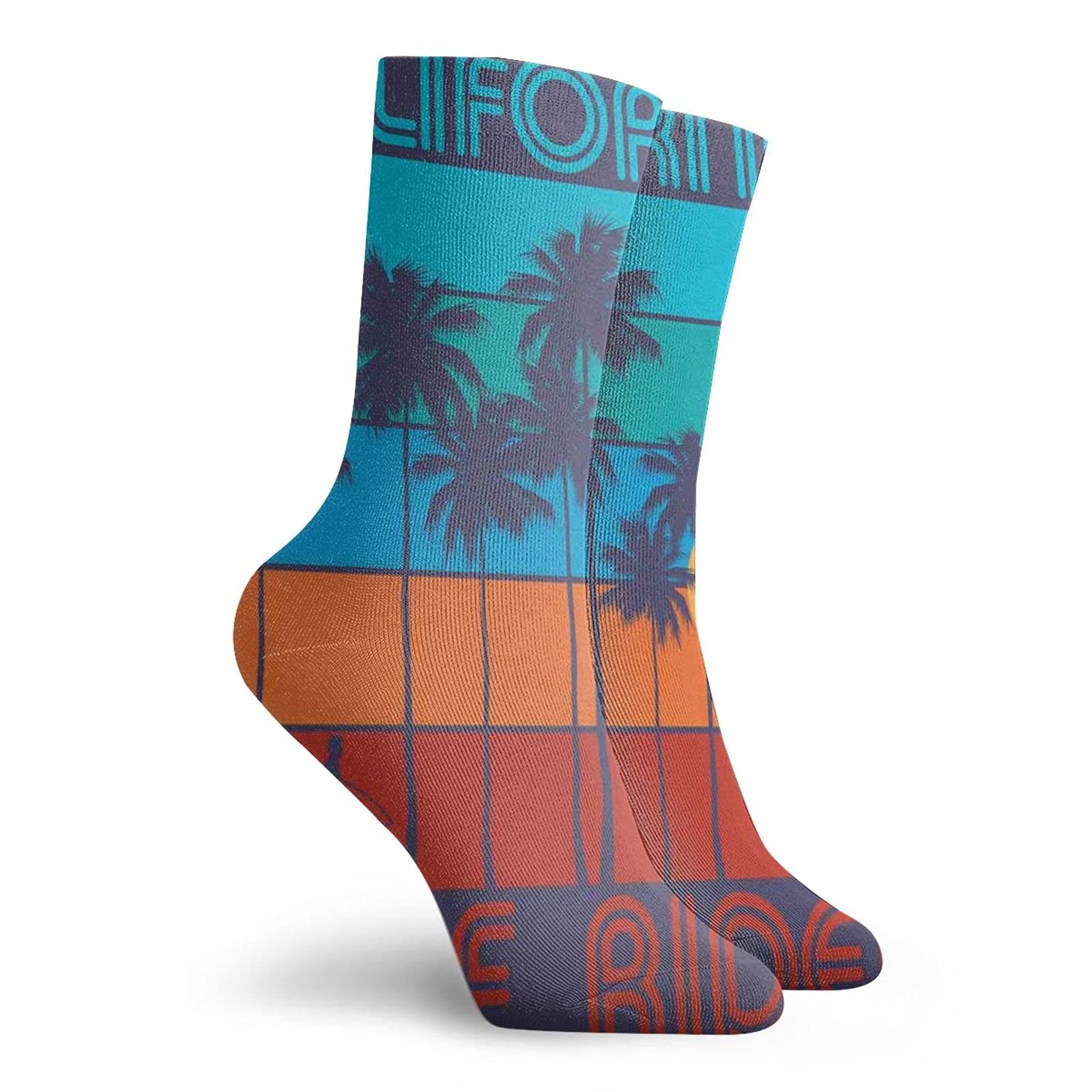 GULTMEE Funny Compression Socks Women and Men,Theme Of Surfing With Text California Surf Rider Vintage Design Sunset Trees,Best for Circulation,Running,Athletic,Nurse,Travel, -12 inch