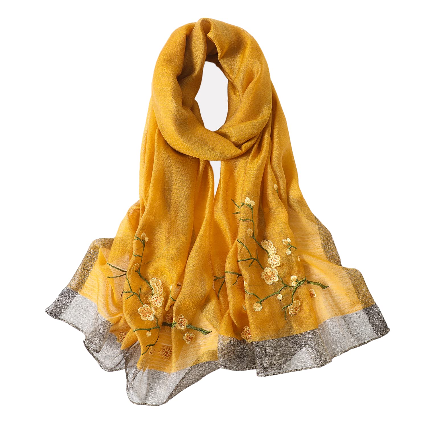 WINCESS YU Women Mulberry Silk Scarf Long & Large Embroidered Floral Pattern Shawl and Wraps Neckerchief for Hair & Neck