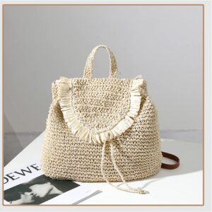 Erichman Women Fashion Straw Handmade Crochet Backpack Flap Drawstring Shoulders Bag Casual Beach Daypack (Brown,One Size)