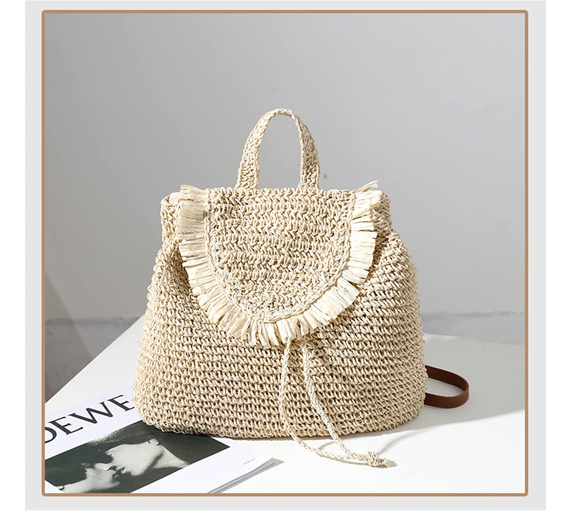 Erichman Women Fashion Straw Handmade Crochet Backpack Flap Drawstring Shoulders Bag Casual Beach Daypack (Brown,One Size)