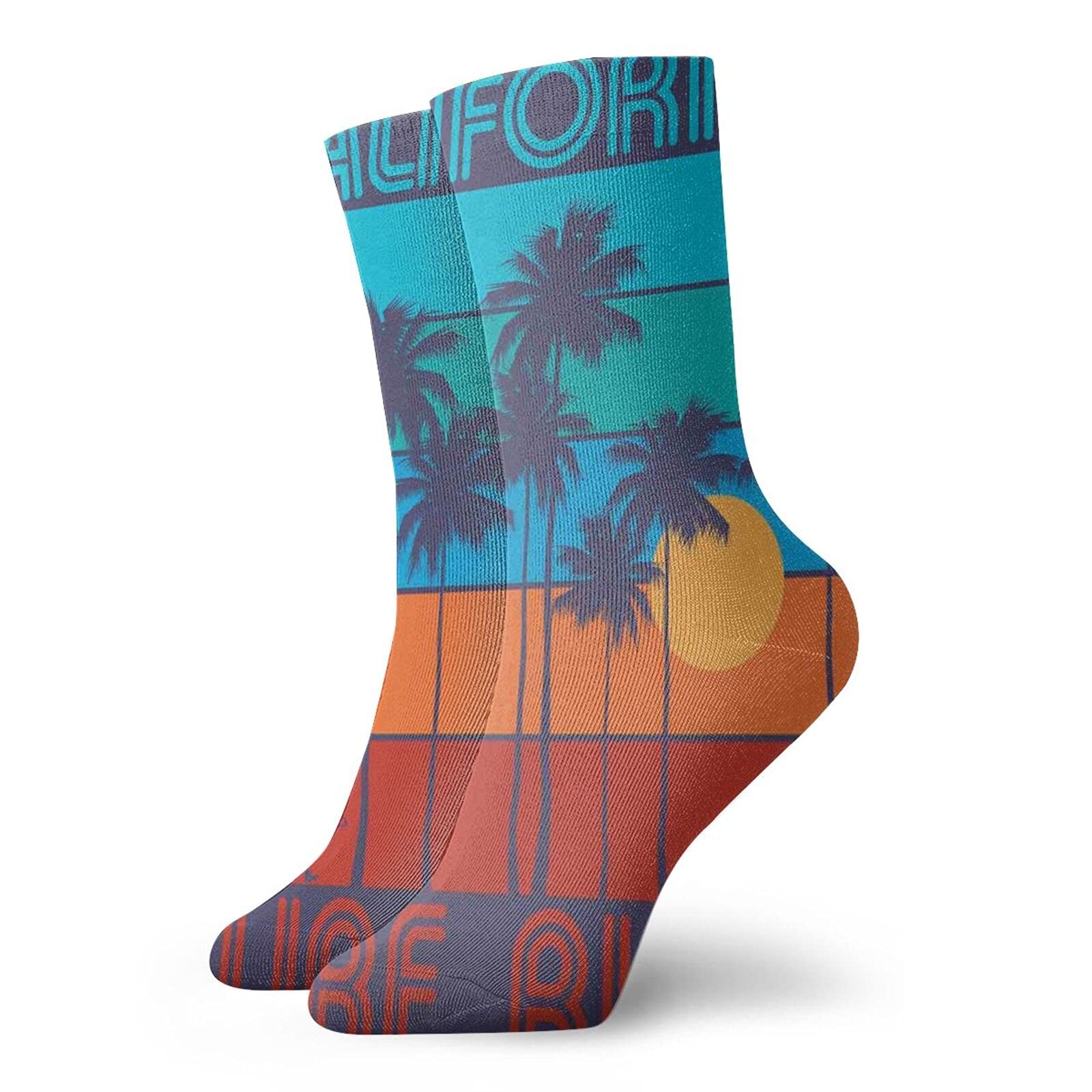 GULTMEE Funny Compression Socks Women and Men,Theme Of Surfing With Text California Surf Rider Vintage Design Sunset Trees,Best for Circulation,Running,Athletic,Nurse,Travel, -12 inch